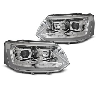VW T5 LED Scheinwerfer "Tube Chrome" mit Tagfahrlicht u. dyn. Blinker 2010-2015 Set links + rechts